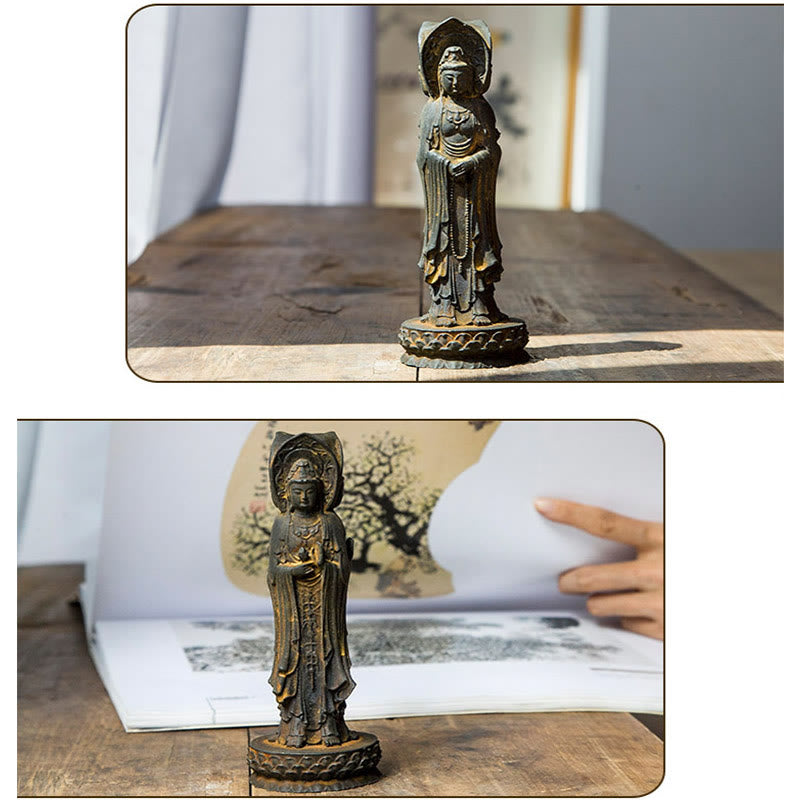 Buddha Stones Estatua de Resina de Polvo de Hierro Oxidado de Avalokitesvara de Kwan Yin de Tres Caras para Decoración de Escritorio de Riqueza