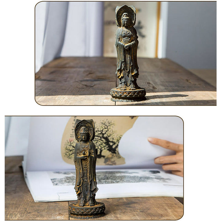 Buddha Stones Estatua de Resina de Polvo de Hierro Oxidado de Avalokitesvara de Kwan Yin de Tres Caras para Decoración de Escritorio de Riqueza
