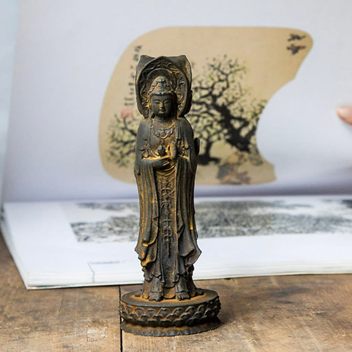 Buddha Stones Estatua de Resina de Polvo de Hierro Oxidado de Avalokitesvara de Kwan Yin de Tres Caras para Decoración de Escritorio de Riqueza