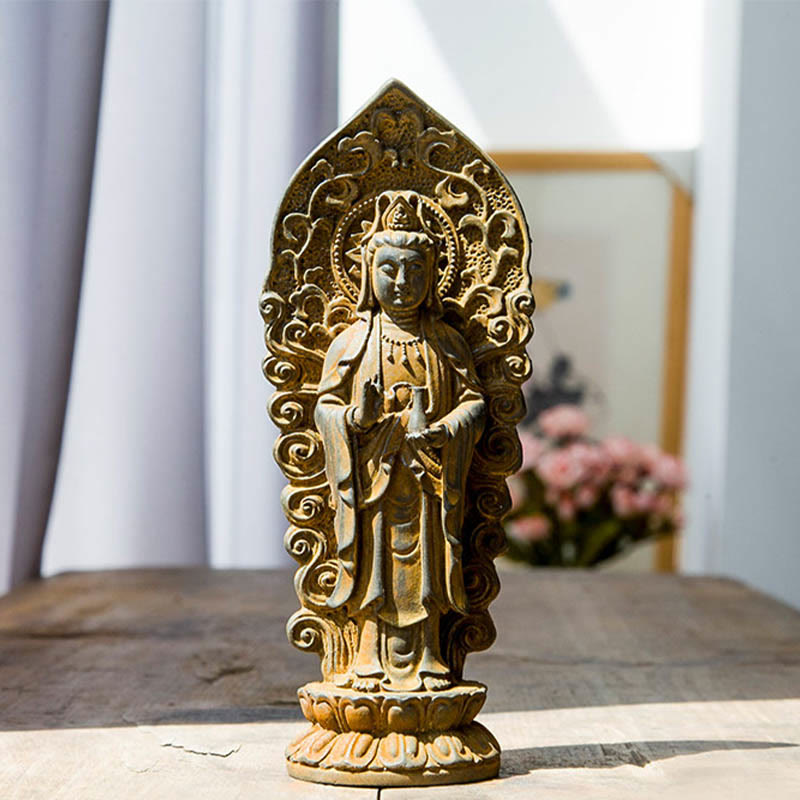 Buddha Stones Hecha a Mano Amitabha Guanyin Avalokitesvara Mahasthamaprapta Polvo de Hierro Óxido Estatua de Resina Fundida Decoración - Jarrón de Buda - Versión oxidada 18*7 cm - image 14