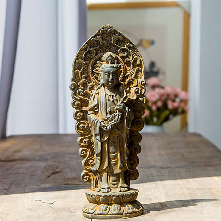 Buddha Stones Hecha a Mano Amitabha Guanyin Avalokitesvara Mahasthamaprapta Polvo de Hierro Óxido Estatua de Resina Fundida Decoración - Mango de Buda Ruyi - Versión oxidada 18*7 cm - image 0
