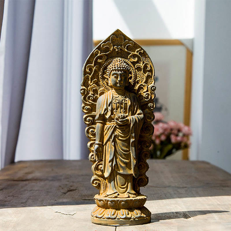 Buddha Stones Hecha a Mano Amitabha Guanyin Avalokitesvara Mahasthamaprapta Polvo de Hierro Óxido Estatua de Resina Fundida Decoración - Buda Loto - Versión oxidada 18*7 cm - image 8