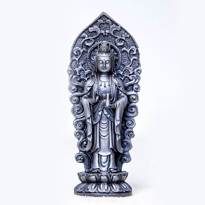 Buddha Stones Hecha a Mano Amitabha Guanyin Avalokitesvara Mahasthamaprapta Polvo de Hierro Óxido Estatua de Resina Fundida Decoración - Jarrón de Buda - Versión pulida 18*7*4,7 cm - image 30