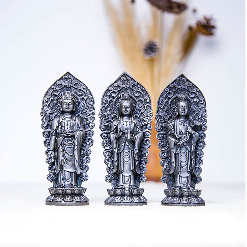 Buddha Stones Hecha a Mano Amitabha Guanyin Avalokitesvara Mahasthamaprapta Polvo de Hierro Óxido Estatua de Resina Fundida Decoración