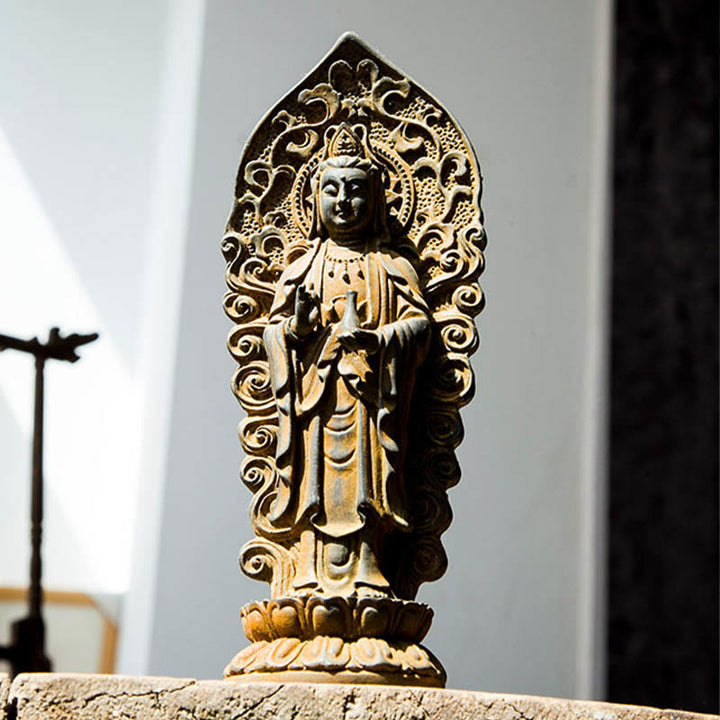 Buddha Stones Hecha a Mano Amitabha Guanyin Avalokitesvara Mahasthamaprapta Polvo de Hierro Óxido Estatua de Resina Fundida Decoración - image 16