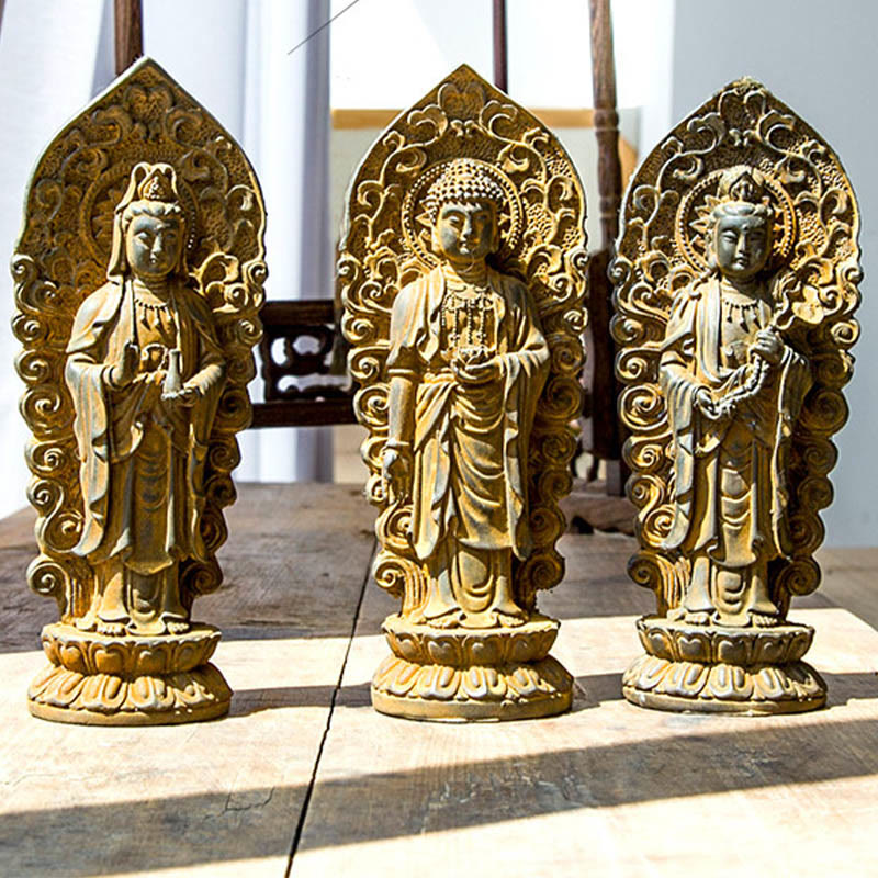 Buddha Stones Hecha a Mano Amitabha Guanyin Avalokitesvara Mahasthamaprapta Polvo de Hierro Óxido Estatua de Resina Fundida Decoración
