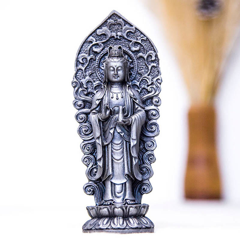 Buddha Stones Hecha a Mano Amitabha Guanyin Avalokitesvara Mahasthamaprapta Polvo de Hierro Óxido Estatua de Resina Fundida Decoración