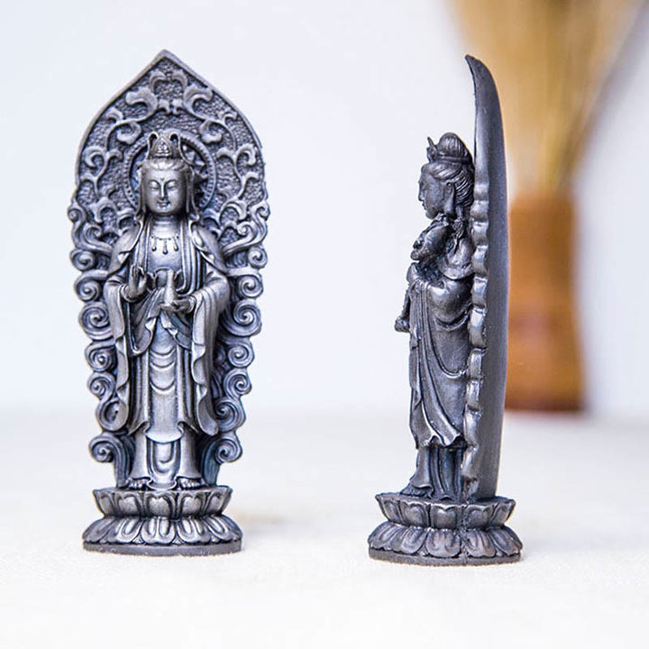 Buddha Stones Hecha a Mano Amitabha Guanyin Avalokitesvara Mahasthamaprapta Polvo de Hierro Óxido Estatua de Resina Fundida Decoración