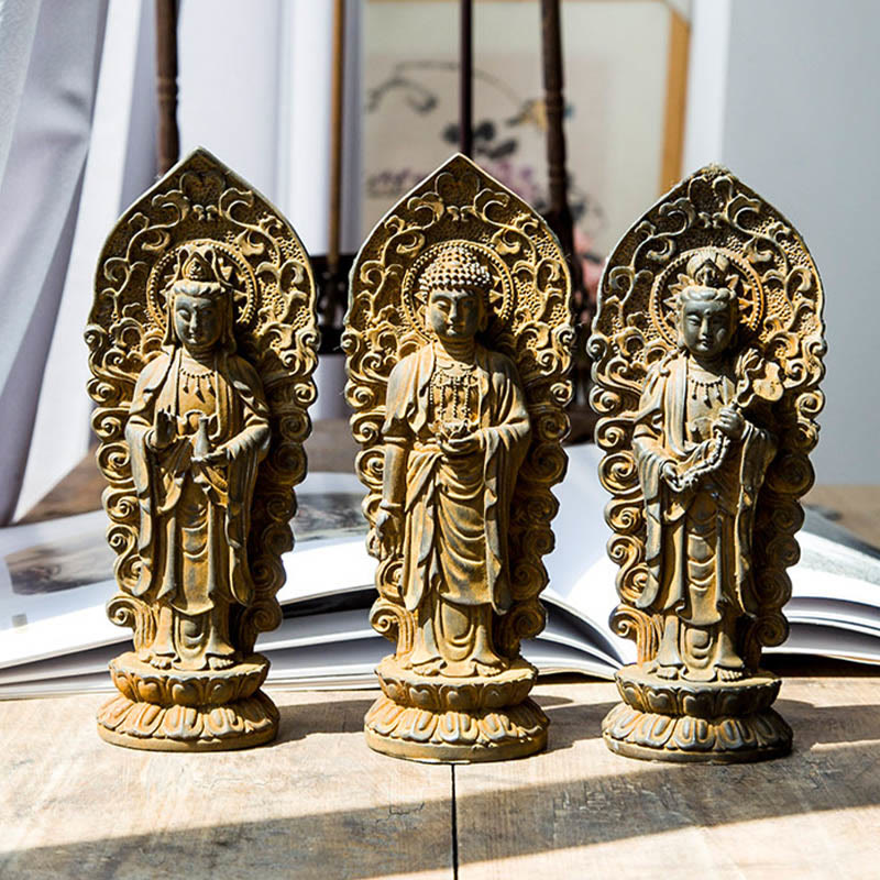 Buddha Stones Hecha a Mano Amitabha Guanyin Avalokitesvara Mahasthamaprapta Polvo de Hierro Óxido Estatua de Resina Fundida Decoración