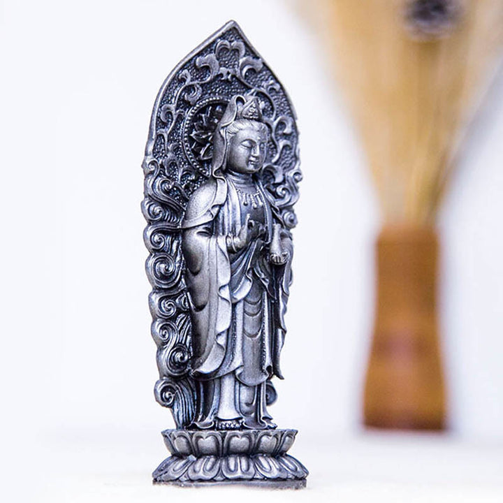 Buddha Stones Hecha a Mano Amitabha Guanyin Avalokitesvara Mahasthamaprapta Polvo de Hierro Óxido Estatua de Resina Fundida Decoración - image 33