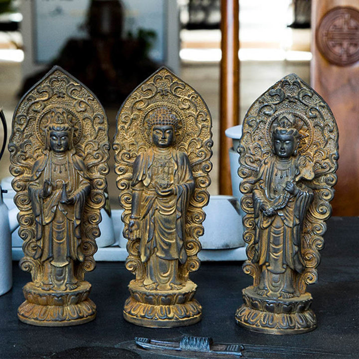 Buddha Stones Hecha a Mano Amitabha Guanyin Avalokitesvara Mahasthamaprapta Polvo de Hierro Óxido Estatua de Resina Fundida Decoración