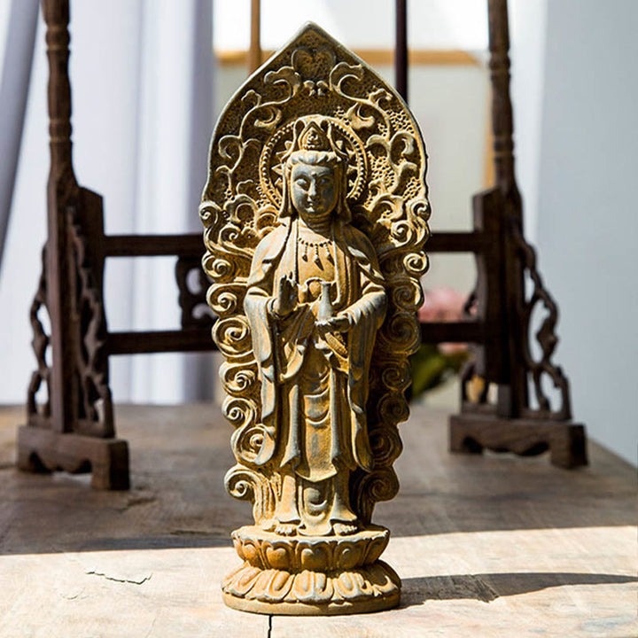 Buddha Stones Hecha a Mano Amitabha Guanyin Avalokitesvara Mahasthamaprapta Polvo de Hierro Óxido Estatua de Resina Fundida Decoración