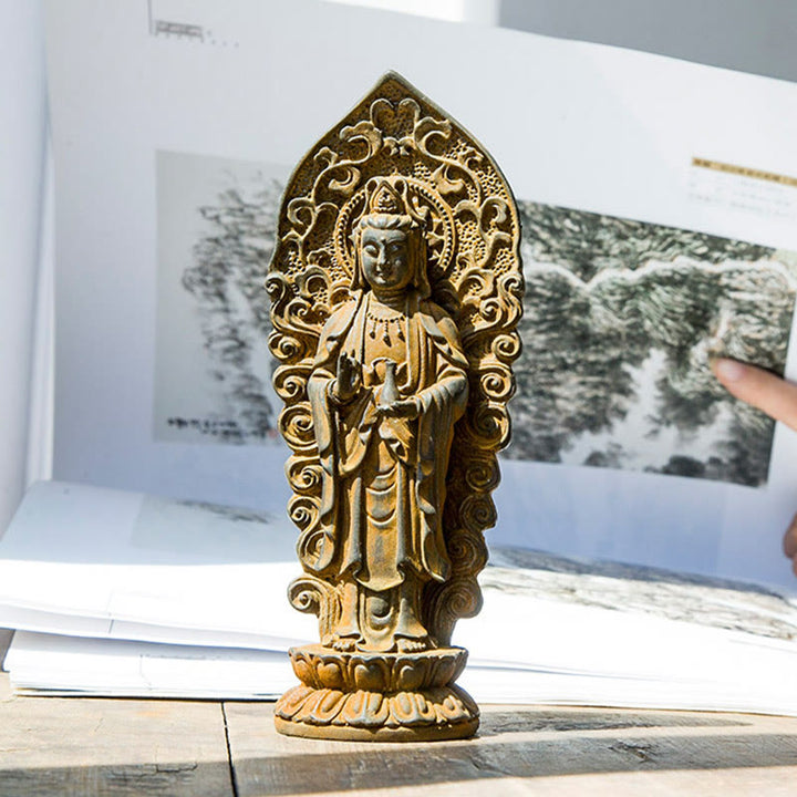 Buddha Stones Hecha a Mano Amitabha Guanyin Avalokitesvara Mahasthamaprapta Polvo de Hierro Óxido Estatua de Resina Fundida Decoración