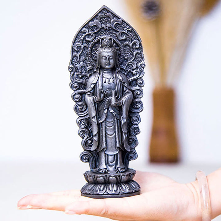 Buddha Stones Hecha a Mano Amitabha Guanyin Avalokitesvara Mahasthamaprapta Polvo de Hierro Óxido Estatua de Resina Fundida Decoración