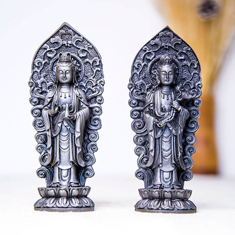 Buddha Stones Hecha a Mano Amitabha Guanyin Avalokitesvara Mahasthamaprapta Polvo de Hierro Óxido Estatua de Resina Fundida Decoración - image 37