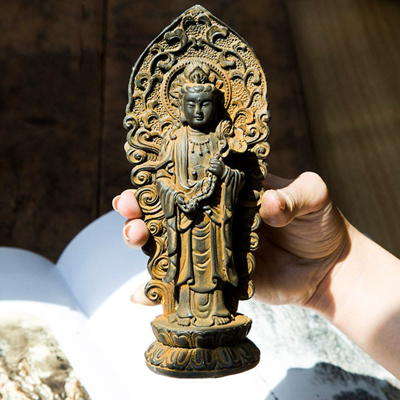 Buddha Stones Hecha a Mano Amitabha Guanyin Avalokitesvara Mahasthamaprapta Polvo de Hierro Óxido Estatua de Resina Fundida Decoración