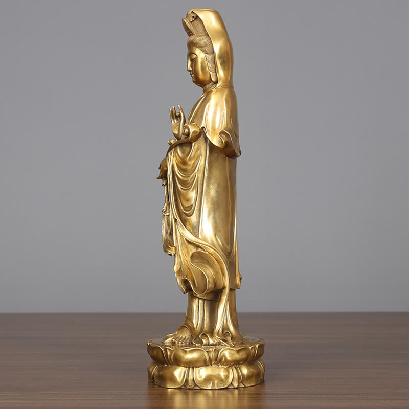 Buddha Stones Estatua de Kwan Yin Avalokitesvara Dorada de Cobre y Latón de Pie para la Decoración de Escritorio en Casa