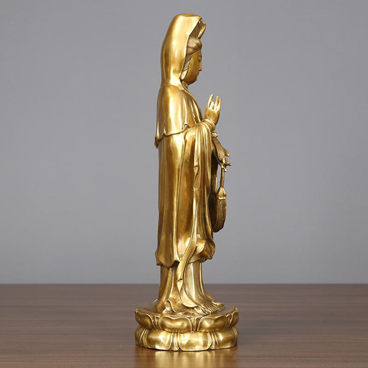 Buddha Stones Estatua de Kwan Yin Avalokitesvara Dorada de Cobre y Latón de Pie para la Decoración de Escritorio en Casa