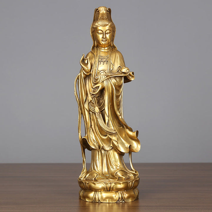 Buddha Stones Estatua de Kwan Yin Avalokitesvara Dorada de Cobre y Latón de Pie para la Decoración de Escritorio en Casa