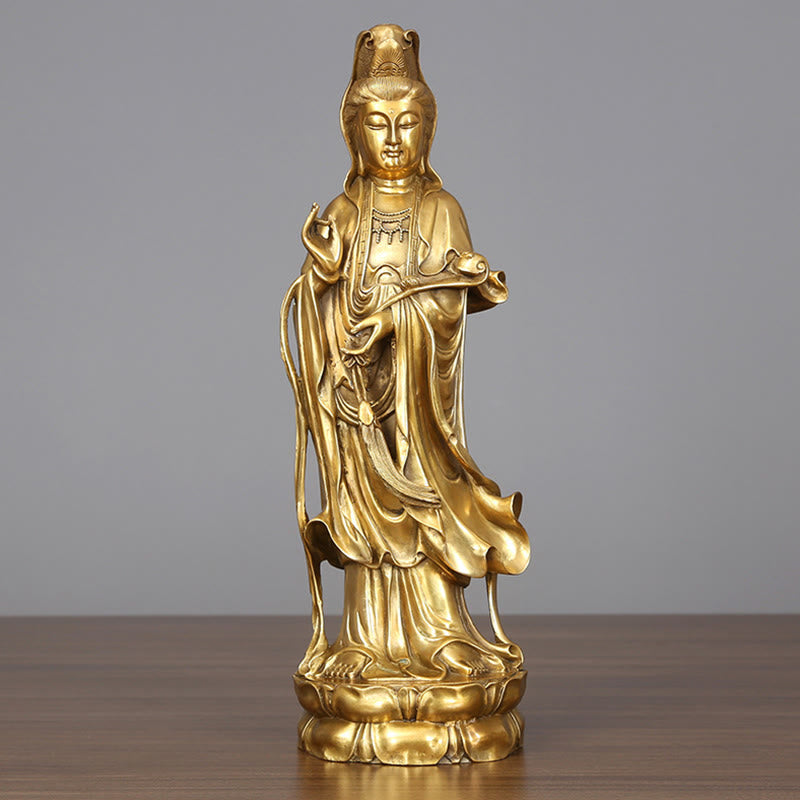 Buddha Stones Estatua de Kwan Yin Avalokitesvara Dorada de Cobre y Latón de Pie para la Decoración de Escritorio en Casa - Avalokiteshvara 14*44,5 cm - image 0