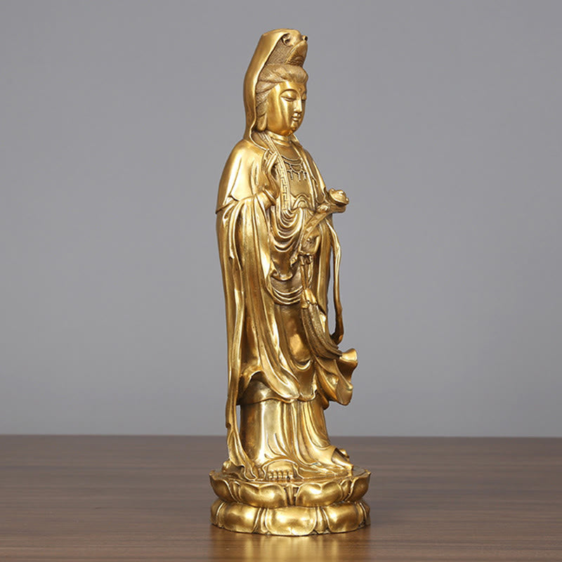 Buddha Stones Estatua de Kwan Yin Avalokitesvara Dorada de Cobre y Latón de Pie para la Decoración de Escritorio en Casa