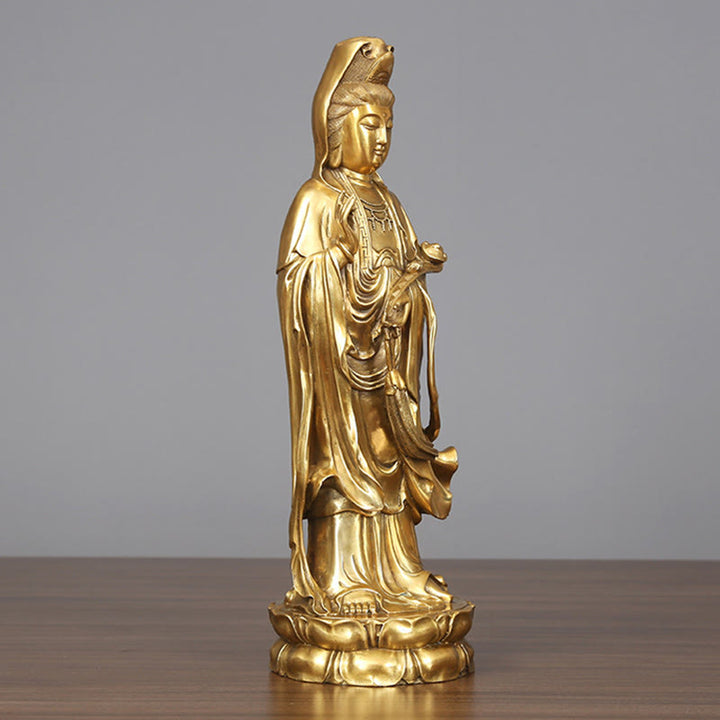 Buddha Stones Estatua de Kwan Yin Avalokitesvara Dorada de Cobre y Latón de Pie para la Decoración de Escritorio en Casa
