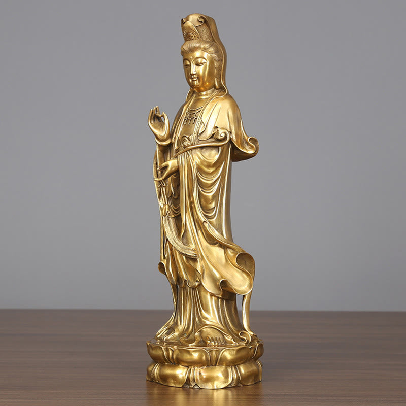 Buddha Stones Estatua de Kwan Yin Avalokitesvara Dorada de Cobre y Latón de Pie para la Decoración de Escritorio en Casa