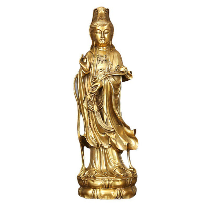Buddha Stones Estatua de Kwan Yin Avalokitesvara Dorada de Cobre y Latón de Pie para la Decoración de Escritorio en Casa