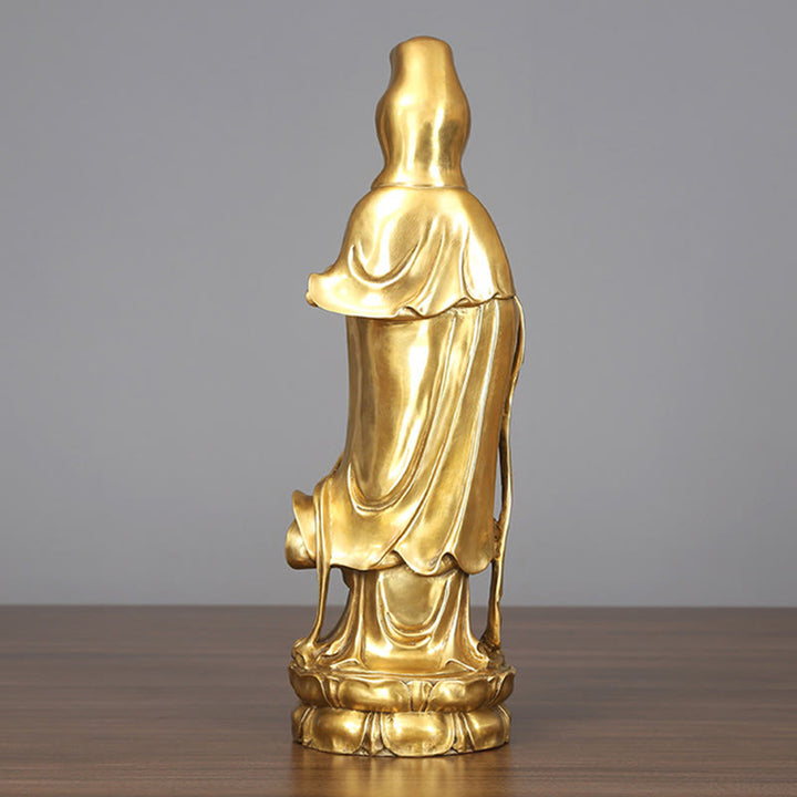 Buddha Stones Estatua de Kwan Yin Avalokitesvara Dorada de Cobre y Latón de Pie para la Decoración de Escritorio en Casa