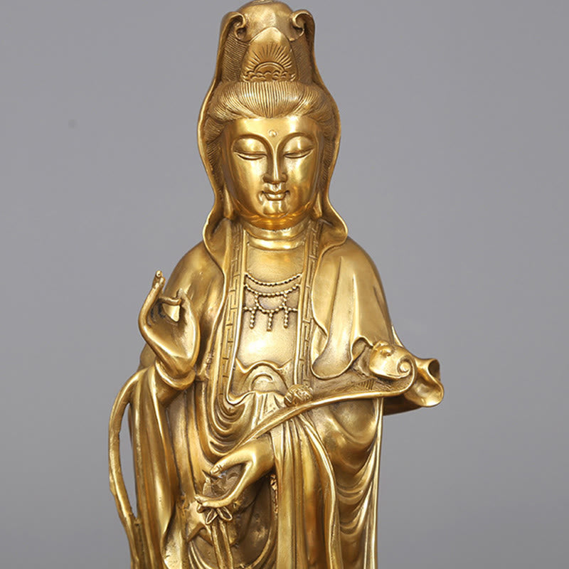 Buddha Stones Estatua de Kwan Yin Avalokitesvara Dorada de Cobre y Latón de Pie para la Decoración de Escritorio en Casa