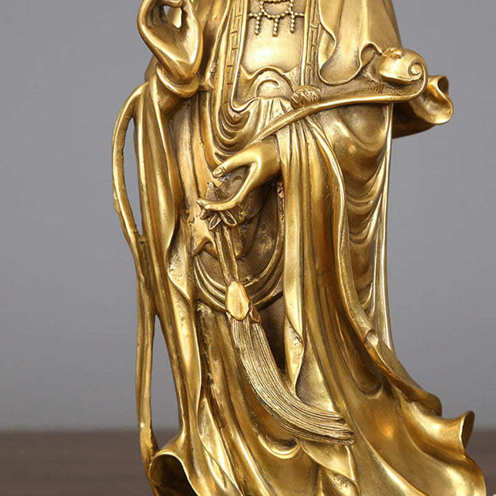 Buddha Stones Estatua de Kwan Yin Avalokitesvara Dorada de Cobre y Latón de Pie para la Decoración de Escritorio en Casa