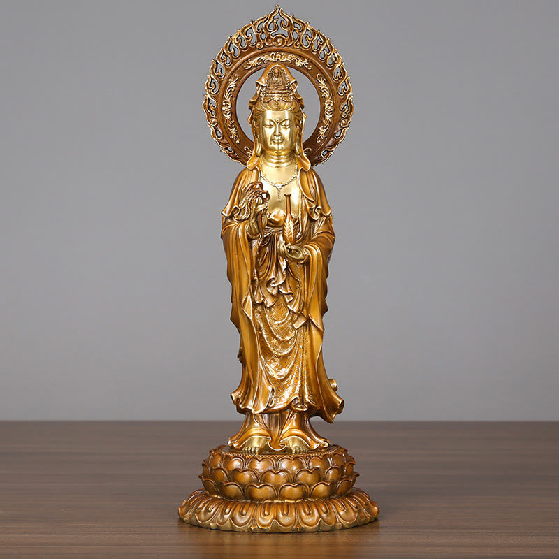 Buddha Stones Estatua de Latón y Cobre de Kwan Yin Avalokitesvara Loto Aura Éxito Decoración para el Hogar - Avalokiteshvara 19*45 cm - image 0