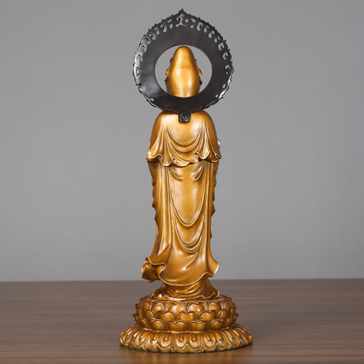 Buddha Stones Estatua de Latón y Cobre de Kwan Yin Avalokitesvara Loto Aura Éxito Decoración para el Hogar