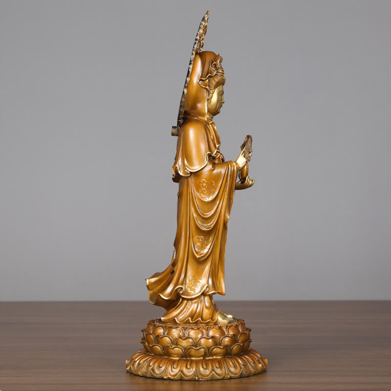 Buddha Stones Estatua de Latón y Cobre de Kwan Yin Avalokitesvara Loto Aura Éxito Decoración para el Hogar