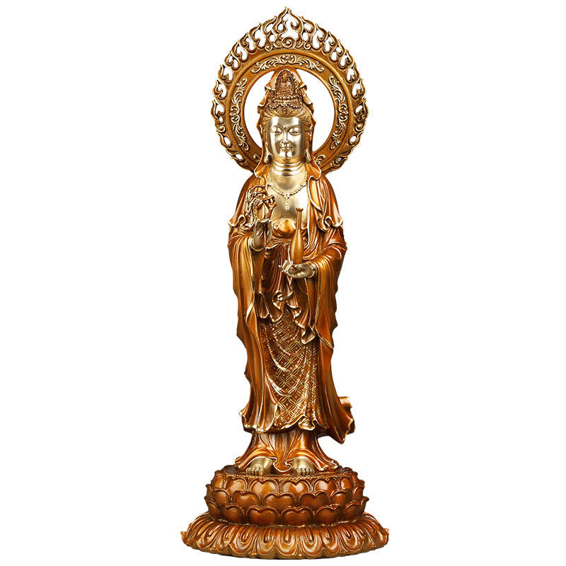 Buddha Stones Estatua de Latón y Cobre de Kwan Yin Avalokitesvara Loto Aura Éxito Decoración para el Hogar