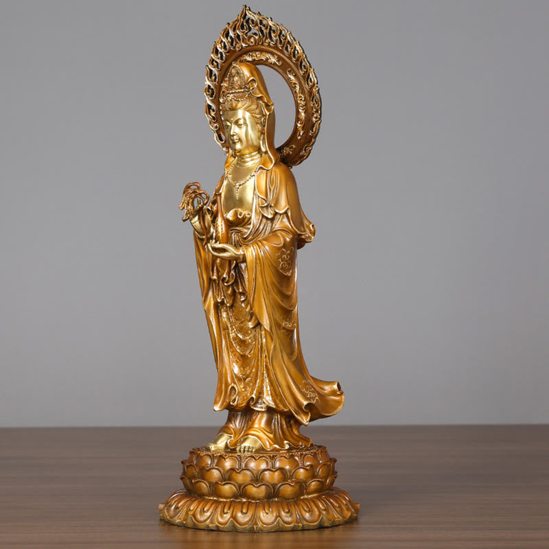 Buddha Stones Estatua de Latón y Cobre de Kwan Yin Avalokitesvara Loto Aura Éxito Decoración para el Hogar