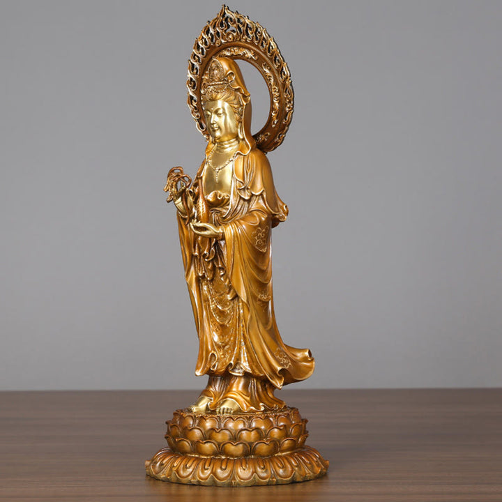 Buddha Stones Estatua de Latón y Cobre de Kwan Yin Avalokitesvara Loto Aura Éxito Decoración para el Hogar