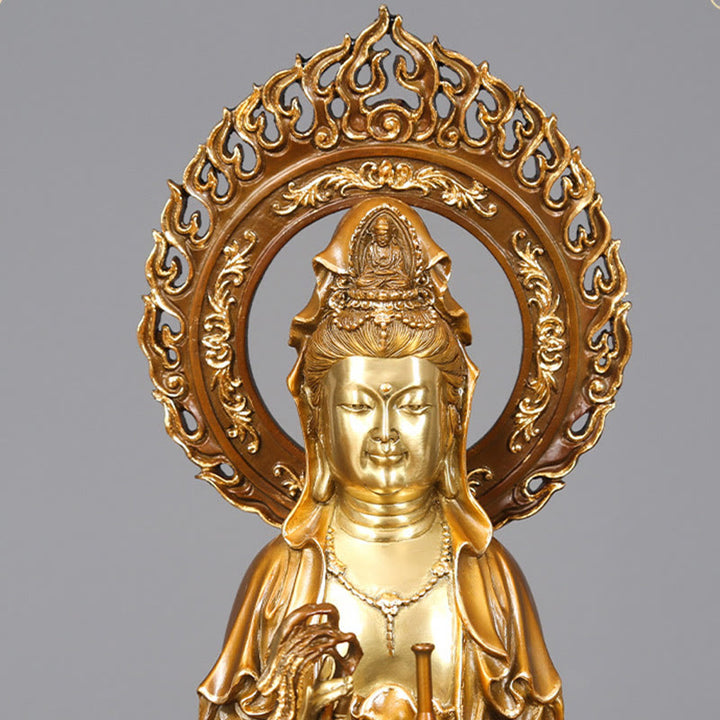 Buddha Stones Estatua de Latón y Cobre de Kwan Yin Avalokitesvara Loto Aura Éxito Decoración para el Hogar
