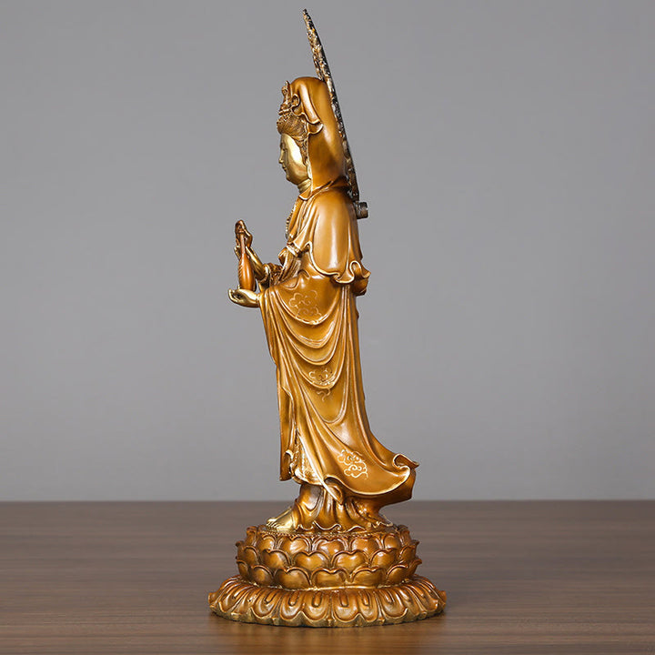 Buddha Stones Estatua de Latón y Cobre de Kwan Yin Avalokitesvara Loto Aura Éxito Decoración para el Hogar