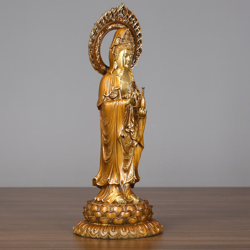 Buddha Stones Estatua de Latón y Cobre de Kwan Yin Avalokitesvara Loto Aura Éxito Decoración para el Hogar