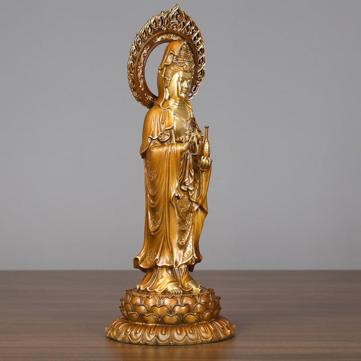 Buddha Stones Estatua de Latón y Cobre de Kwan Yin Avalokitesvara Loto Aura Éxito Decoración para el Hogar
