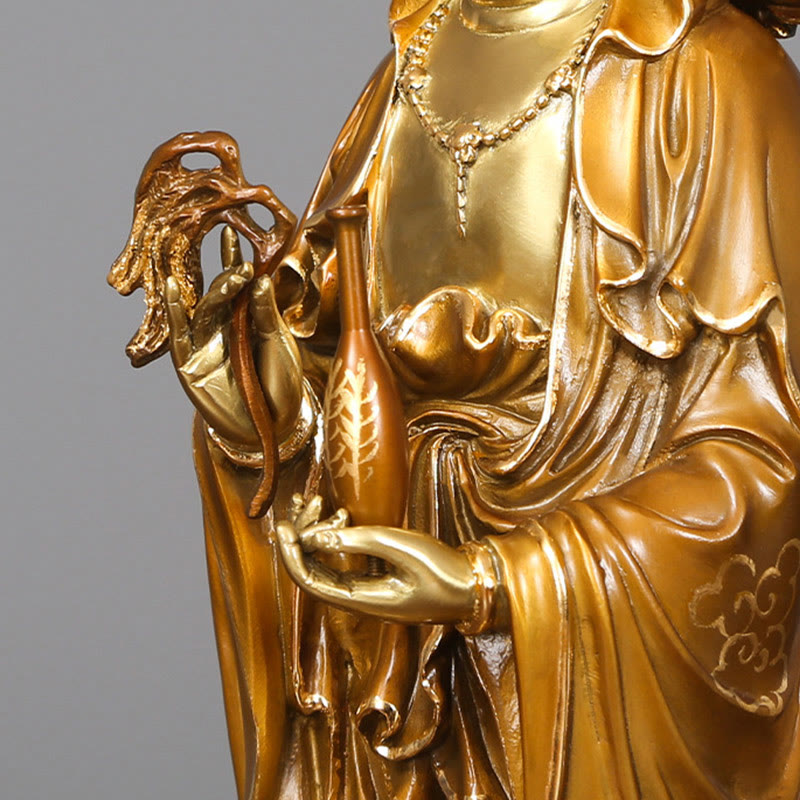 Buddha Stones Estatua de Latón y Cobre de Kwan Yin Avalokitesvara Loto Aura Éxito Decoración para el Hogar
