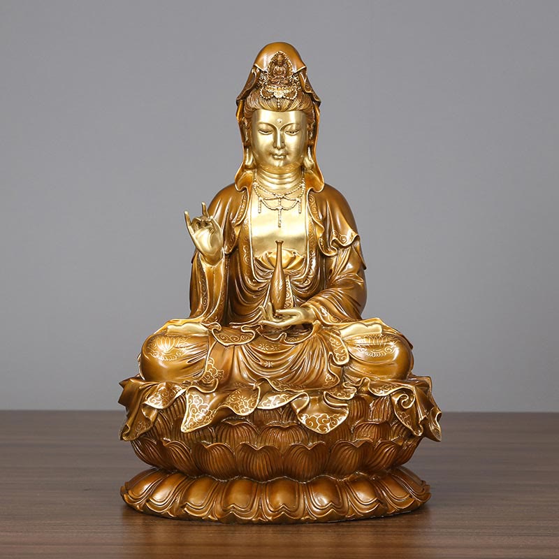 Estatua de Buda Piedras Kwan Yin Avalokitesvara Loto Sentado en Armonía Altar de Casa Decoración de Latón y Cobre