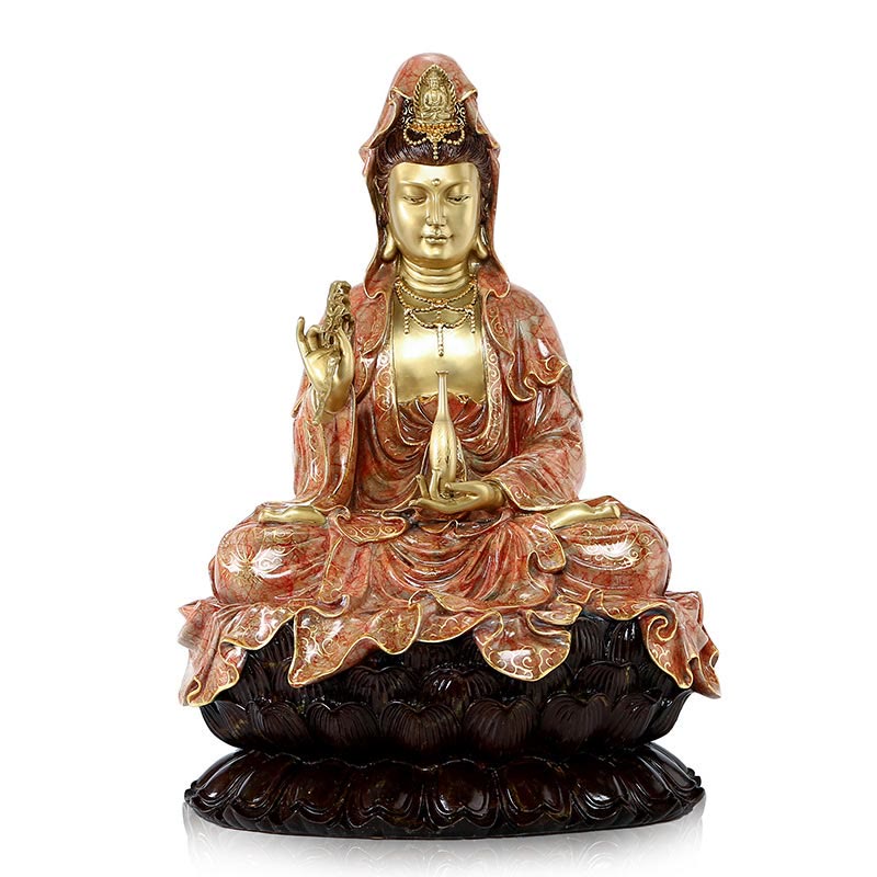 Estatua de Buda Piedras Kwan Yin Avalokitesvara Loto Sentado en Armonía Altar de Casa Decoración de Latón y Cobre