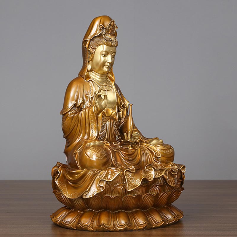 Estatua de Buda Piedras Kwan Yin Avalokitesvara Loto Sentado en Armonía Altar de Casa Decoración de Latón y Cobre