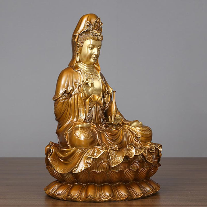 Estatua de Buda Piedras Kwan Yin Avalokitesvara Loto Sentado en Armonía Altar de Casa Decoración de Latón y Cobre
