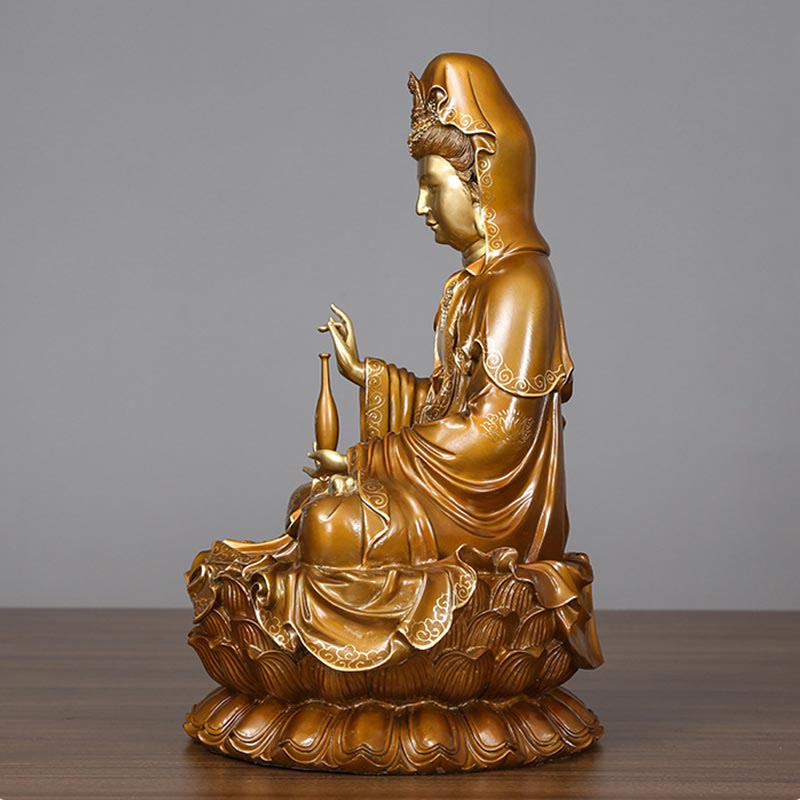Estatua de Buda Piedras Kwan Yin Avalokitesvara Loto Sentado en Armonía Altar de Casa Decoración de Latón y Cobre