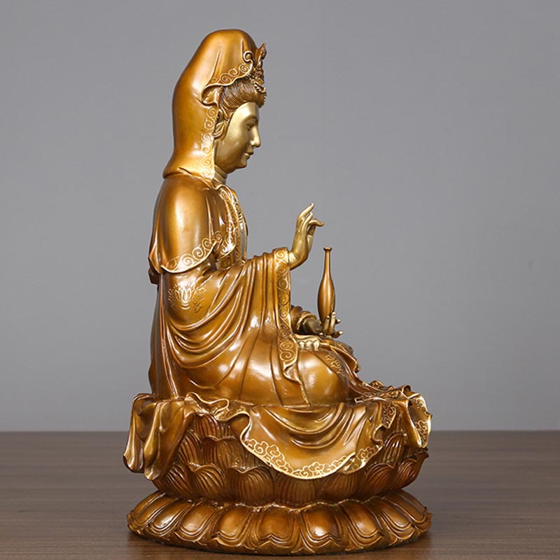 Estatua de Buda Piedras Kwan Yin Avalokitesvara Loto Sentado en Armonía Altar de Casa Decoración de Latón y Cobre