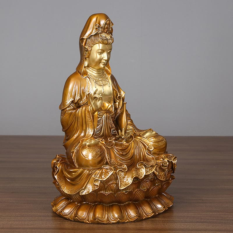 Estatua de Buda Piedras Kwan Yin Avalokitesvara Loto Sentado en Armonía Altar de Casa Decoración de Latón y Cobre