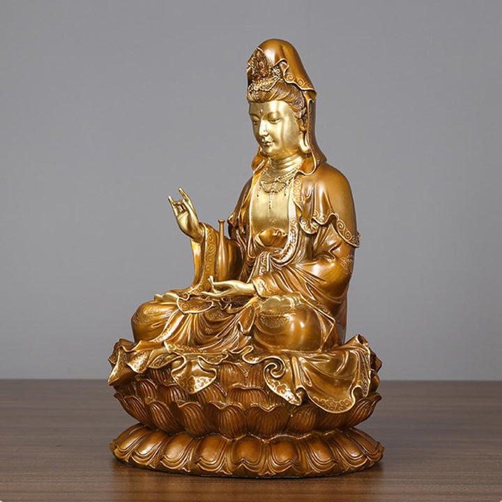 Estatua de Buda Piedras Kwan Yin Avalokitesvara Loto Sentado en Armonía Altar de Casa Decoración de Latón y Cobre
